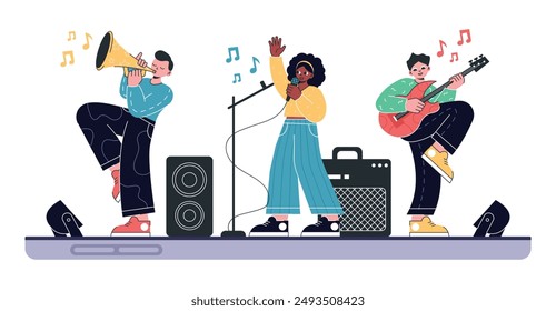 Vector illustration of a trio of musicians performing on stage. Features a singer, guitarist, and trumpeter with vibrant colors and dynamic poses, capturing the lively energy of a live music concert.