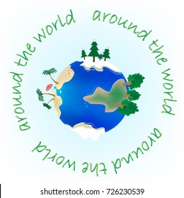 vector illustration trip around the world concept on the light blue background square, text around the planet