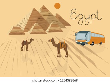 Vector illustration of a trip to Egypt. To advertise the tour in a travel Agency. Cairo, pyramids, camels in the desert.