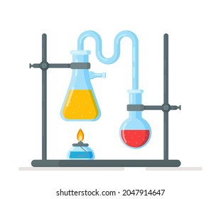 Vector illustration of tripod flasks. Experiment in chemistry class. Chemical synthesis.