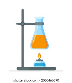 Vector illustration of tripod flasks. Experiment in chemistry class. Chemical synthesis.