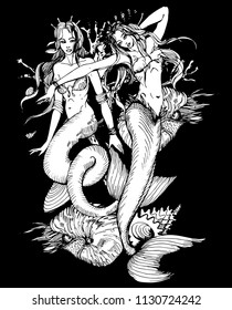 Vector illustration of triton , mollusk Nautilus, mermaids, coral in realistic line style. Mythology artwork. Template for card poster banner print for t-shirt textile design. Black background.