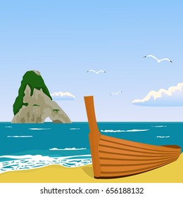 Vector illustration of troical paradise with ocean, palm, beach, boat for turism, travel, hotel business illustration