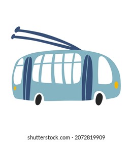 Ilustración vectorial del trolebús aislado en el fondo blanco con estilo dibujado a mano. Icono de transporte infantil en colores azules para vivero, ropa de bebé, diseño textil y de productos, papel tapiz