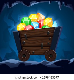 Vector Illustration Of Trolley In A Cave Or Mine Filled With Luminous Crystals