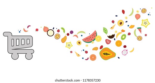 vector illustration of trolley with fruits flow for healthy food shopping and retail shops banners