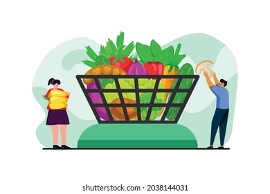 Ilustración vectorial, carro lleno de verduras también mujeres y hombres con un fondo de verduras.