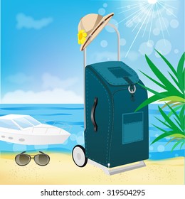 vector illustration of a trolley suitcase with a sun hat on travel background with blue sea and sky
