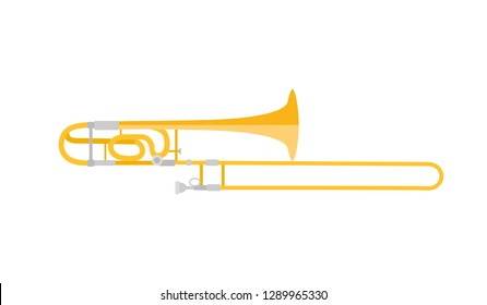 Vector illustration of trombone. Flat icon for musical theme on white background. Element for design. Yellow, orange, gray, silver colors. Classical jazz brass wind instrument. 