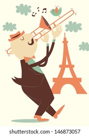 Vector illustration of trombonist near Eiffel Tower in cartoon style