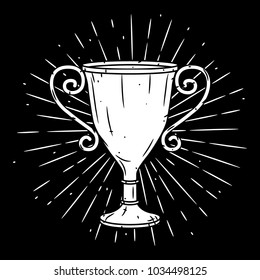 Vector illustration with a Trophy cup and divergent rays. Used for poster, banner, web, t-shirt print, bag print, badges, flyer, logo design and more.