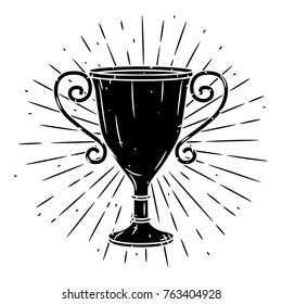 Vector illustration with a Trophy cup and divergent rays on white background. Used for poster, banner, web, t-shirt print, bag print, badges, flyer, logo design and more.