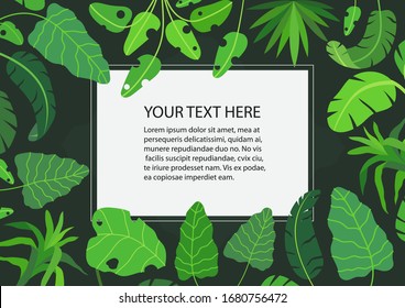 Vector illustration of a tropic floral banner, flyer, landing page or poster with junle foliage or exotic plants and palm tree leaves. Tropical summer theme background with frame with place for text.