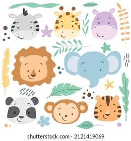 Vector illustration of tropical animals faces set. Zebra, giraffe, hippo, lion, elephant, panda, monkey, tiger