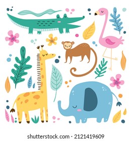 Vector illustration tropical animals and tropical leaves set. Giraffe, crocodile, flamingo, monkey, elephant