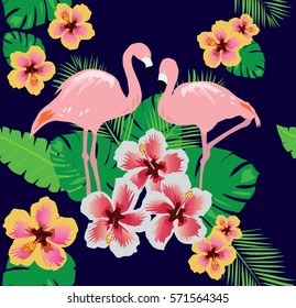 vector illustration of tropical background with birds, flowers