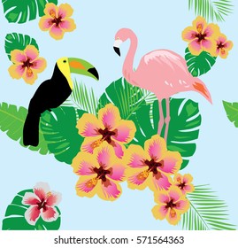 vector illustration of tropical background with birds, flowers