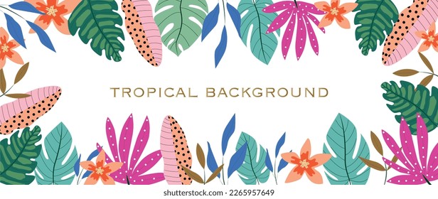 Vector illustration. Tropical background. Boho leaves, monstera, botanical tropical leaves and floral pattern. Perfect for home decor, wallpaper, wall art, social media post and story background.