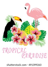 vector illustration of tropical background with flamingo, toucan, flowers, pineapple, palm tree leaves