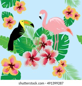 vector illustration of a tropical background with flamingo, toucan, tropical flowers and palm leaves