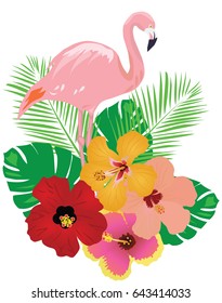 vector illustration of tropical background with flamingo and flowers.