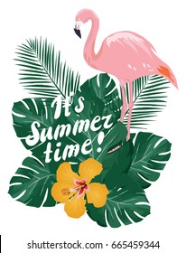 Vector illustration of tropical background with flowers, flamingo. Summer time background.
