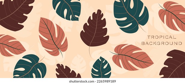 Vector illustration. Tropical background in a warm brown tone. Boho leaves, monstera, botanical tropical leaves. Perfect for home decor, wallpaper, wall art, social media posts and story backgrounds.