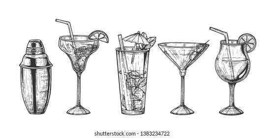 Vector illustration of tropical bar set. Sketch of exotic cocktails and alcohol drinks in glasses different shapes with fruit, umbrellas, straws, olives, ice and shaker. Vintage hand drawn style.