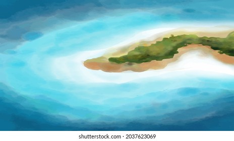 Vector illustration of tropical beach in daytime. Hand painted watercolor background.
