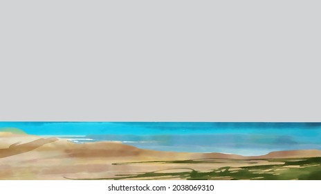 Vektorgrafik des tropischen Strandes tagsüber. Handgemalte Aquarell-Hintergrund.
