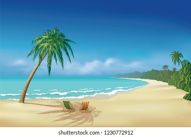 A vector illustration of a tropical beach with deckchairs, palm tree, beautiful turquoise ocean and forest.