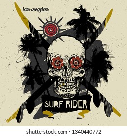 Vector Illustration Tropical Beach Grunge Skull T-shirt Graphic California Summer Fashion Design with Surfing Typography