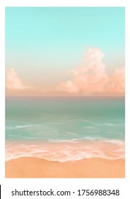Vector illustration of tropical beach in morning. Hand painted watercolor background.
