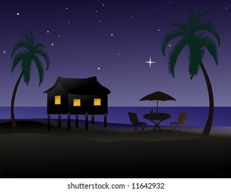 Vector illustration of a tropical beach at night with a hut