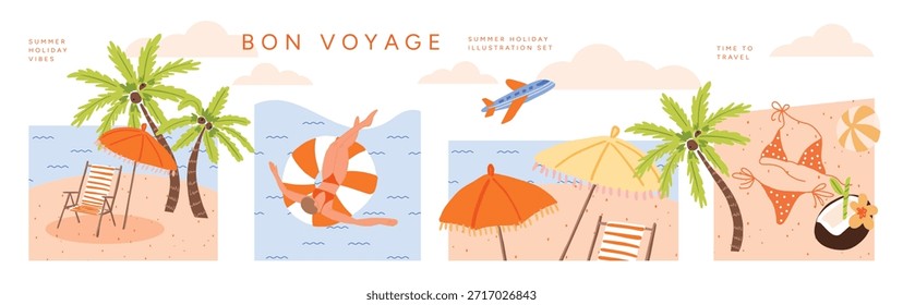Vektorgrafik mit tropischem Strand, Palmen, Bikini, Kokosnuss, Liegestuhl, Flugzeug, Regenschirm, Meer und Reiselements. Feiertage, Ferien und Sommer Banner für die Förderung.
