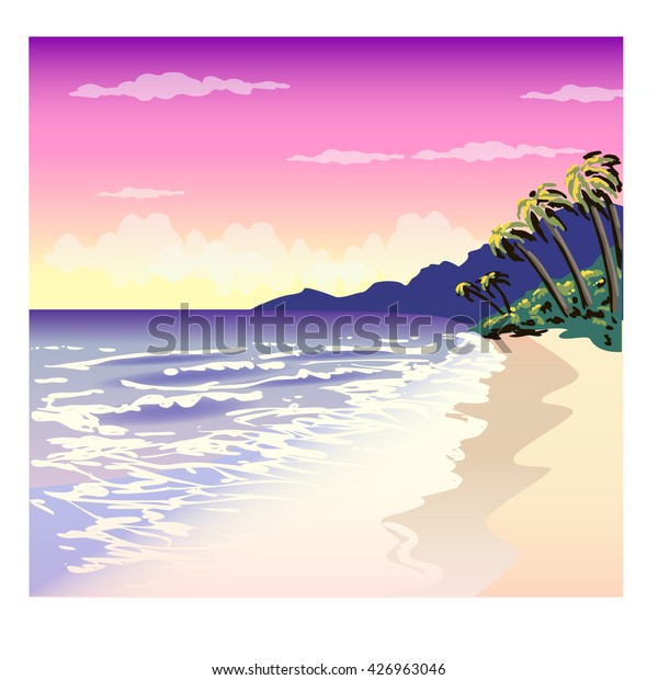 Vector Illustration Tropical Beach Palm Trees Stock Vector Royalty