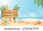 Vector illustration of a tropical beach scene featuring a large blank wooden signboard for text and a sand podium for product display. Decorated with a deck chair, surfboard, and summer props