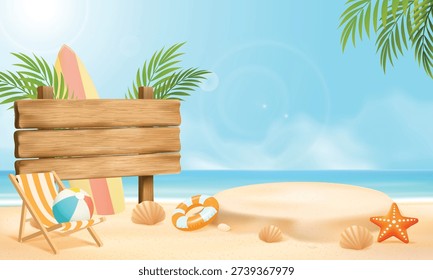 Vector illustration of a tropical beach scene featuring a large blank wooden signboard for text and a sand podium for product display. Decorated with a deck chair, surfboard, and summer props