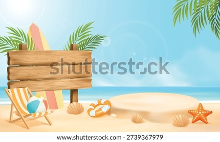 Vector illustration of a tropical beach scene featuring a large blank wooden signboard for text and a sand podium for product display. Decorated with a deck chair, surfboard, and summer props