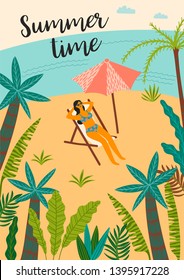 Vector illustration of tropical beach and sea. Design element for summer concept and other use.