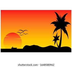 Imagen vectorial de una puesta de sol tropical en la playa. paisaje natural de estilo plano, vista al océano.fondo