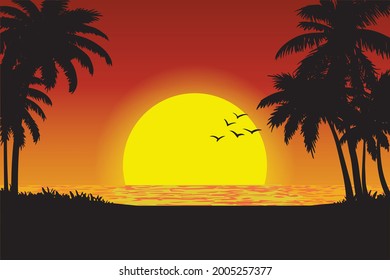 Vektorgrafik eines tropischen Sonnenuntergangs mit Blick auf den Strand.