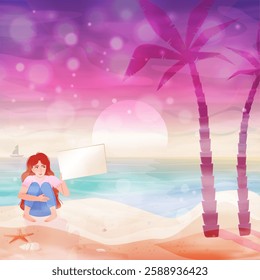 Vector illustration of a tropical beach at sunset with a young girl sitting on the sand and holding a blank sign. The scene features pastel colors, palm trees, calm ocean waves, seashells, and a
