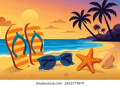 ilustração vetorial de uma praia tropical ao pôr do sol com chinelos listrados, óculos de sol azuis, uma estrela-do-mar e concha descansando na areia iluminada pelo sol