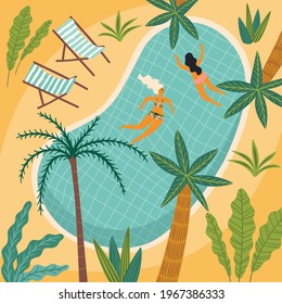 Vector illustration of tropical beach and swimming pool. Design element for summer concept and other use.
