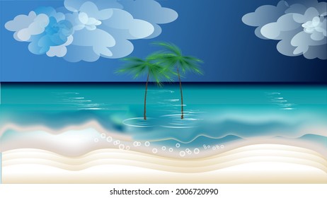 Vector illustration of a tropical beach and two palms