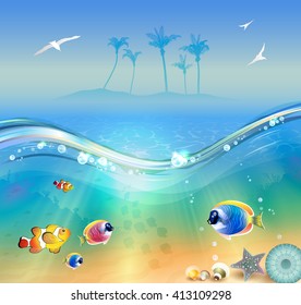 Vector illustration of the tropical beach, underwater and wildlife