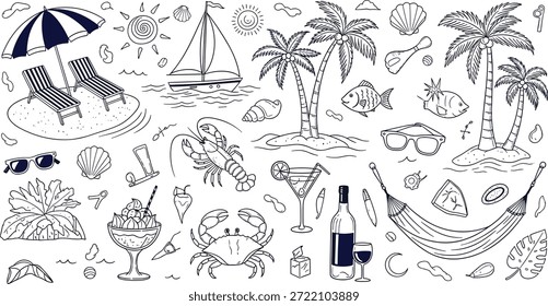 Ilustração vetorial de elementos de férias de praia tropical, esboço preto e brancoIlustração vetorial de elementos de férias de praia tropical, esboço preto e branco