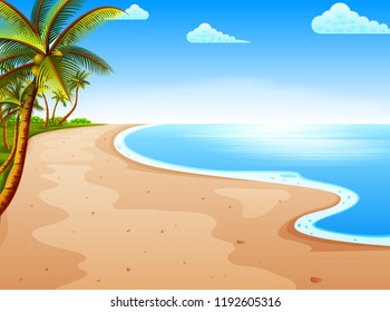 vector illustration of the tropical beach view with the beautiful blue sky and coconut tree