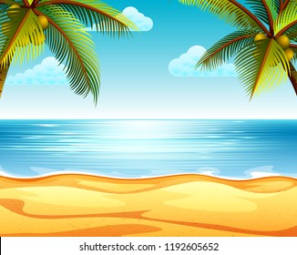 vector illustration of the tropical beach view with the sandy beach and two coconut tree in both sides